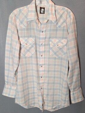 Vintage Karman Western Pearl Snap Shirt Plaid Cowboy Rodeo USA L (21x31) Pastel